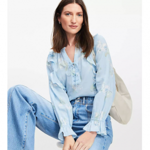 LOFT 印花系带荷叶边衬衫