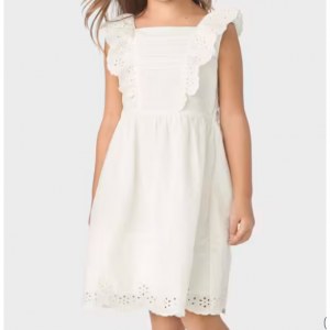 Girls Mommy And Me Eyelet Linen-Blend Flutter Dress - white