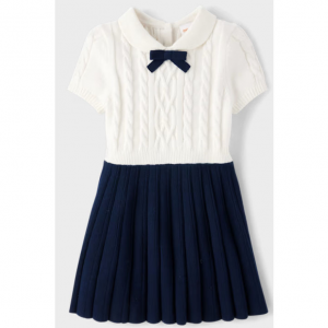 Girls Cable Knit Pleated Fit And Flare Dress - Campus Cuties - white