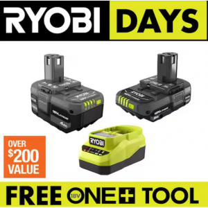 RYOBI ONE+ 18V 锂离子入门套件，配备 2.0 Ah 电池、4.0 Ah 电池和充电器 @ HomeDepot 