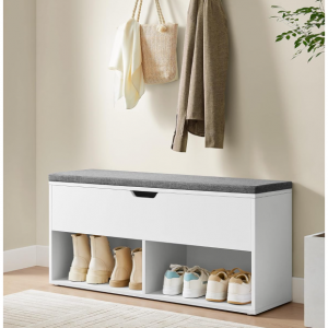 VASAGLE Shoe Storage Bench with Cushion, 2 Open and 1 Hidden Compartments, White and Gray 