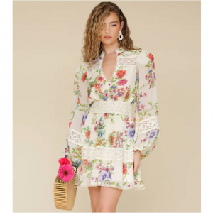 Avec Les Filles 女士印花蕾丝边雪纺连衣裙