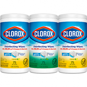 Clorox 消毒无漂白清洁湿巾超值装，每包 75 片，3 包