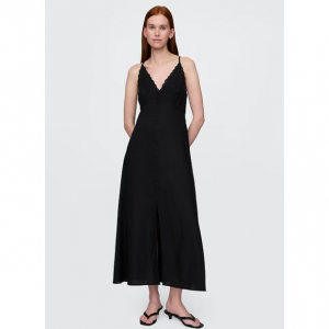 Linen-Blend Embroidered Halter Maxi Dress