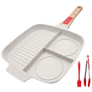 Bobikuke 三格不粘煎锅 10.5寸 送硅胶刷和食品夹 @ Amazon