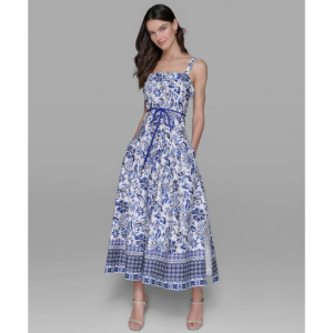 配腰带印花超长连衣裙