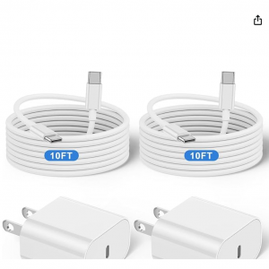 Amazon - Qalirvis 20W USB-C 快充套裝（含2個充電頭+2條10英尺C-C線），現價$8.99