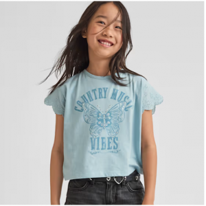 女童装饰图案上衣 - 蓝色