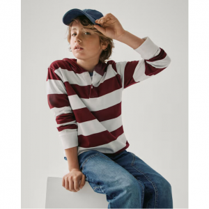 男童条纹橄榄球连帽上衣 - 酒红色