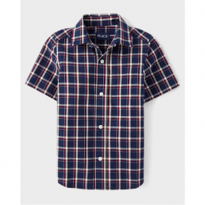 男童格子府绸纽扣衬衫 - 蓝色