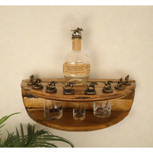 2 Tier Shelf Fits Blanton's Bottle, Horse Cork Stoppers and Glasses, Hand Made @ Wood & Barrel
