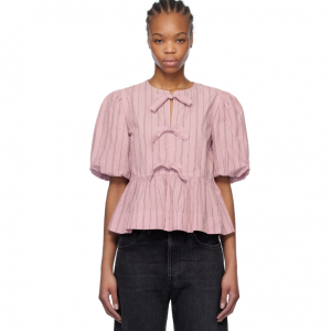 GANNI 粉色荷叶边系带衬衫