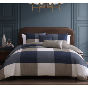 Bebejan 格纹海军蓝棕褐色 5 件套双面被子套装，Queen