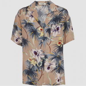 Valentino Brown/Grey Hawaiian Print Silk Crepe Short Sleeve Shirt M