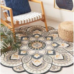 SAFAVIEH Handmade Novelty Urtza Ornate Flower Wool Rug - 3' Round - Beige/Navy - Round