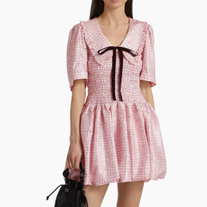 Ganni Shibori Smocked Check Minidress