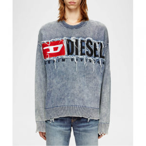 Diesel Men's K-Fronzi Frayed Denim Logo Crewneck Sweater