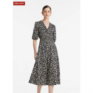 鸢尾花印花 V 领系带女式中长连衣裙