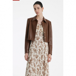 女式环保皮革翻领短款夹克