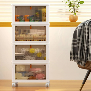 OKENTEN Rolling Wheeled Plastic Storage Bins with Lid, 4-Tier Stackable Folding Storage Containers