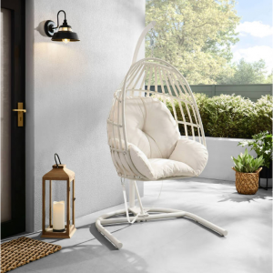 Mainstays Wicker Outdoor Patio Hanging Egg Chair with Cushion and Metal Stand, White @ Walmart