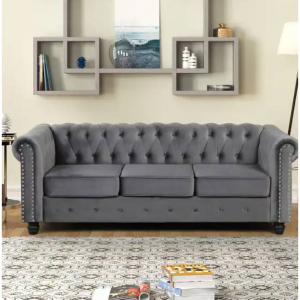 Morden Fort Velvet Upholstered Chesterfield Sofa with Nailhead and Solid Legs for Living Room - LI