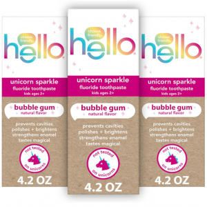 hello Unicorn Sparkle Kids Fluoride Toothpaste, Natural Bubble Gum Flavor, ADA Approved, Ages 2+,