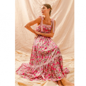 TRUEDAMES floral maxi dress with ribbon tie lace strap