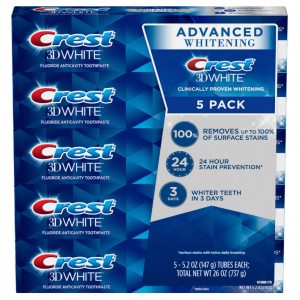 Crest 3D White Advanced Whitening Toothpaste, 5.2 oz (Pack of 5) @ Amazon