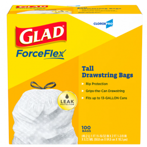 Glad 13 Gallon Trash Bag, 8.5"x8.5", Low Density, .72 mil, White, 100 Bags/Box (CLO 78526)