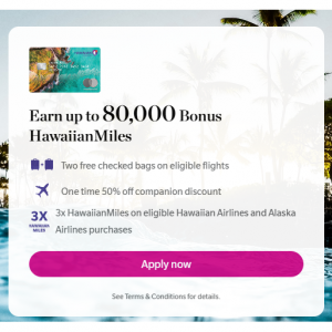 Hawaiian Airlines - 赚取 80,000 点 HawaiianMiles 奖励和一次性同伴享受5折优惠