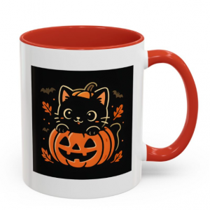 Black Cat Halloween Mug – Cute Cat in Pumpkin Coffee Cup, Red, 11oz