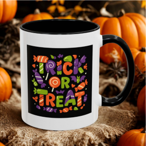 Trick or Treat Halloween Candy Mug – Colorful Coffee Cup, Red, 11oz