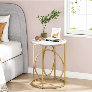 Round End Table, Modern Sofa Side Table with Faux Marble Top