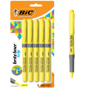 BIC Brite Liner Grip Highlighters, Chisel Tip, 5-Count Pack of Highlighters, Yellow @ Amazon