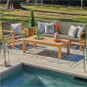 Hampton Driftwood 户外柳条和实心柚木三件套沙发组 + 55 x 32 英寸咖啡桌