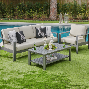 Soho 板岩灰铝制沙发（带靠垫）3 件套 + 50 x 28 英寸咖啡桌