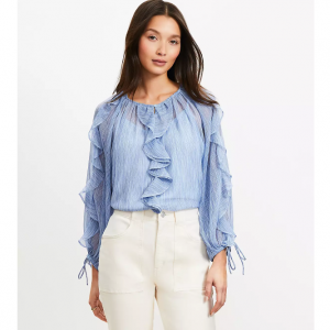 LOFT 条纹雪纺荷叶边系带袖口衬衫