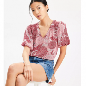 LOFT 印花泡泡袖混合材质衬衫