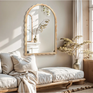 Scalloped wood frame arched mirror, 34"H