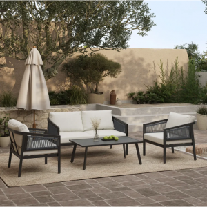 Pismo black steel & PE rope outdoor conversation set, 2 armchairs, 1 coffee table, 1 loveseat