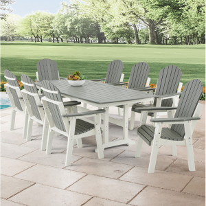 Farmhouse Polymer 9 Piece Dining Set + 96 x 42 in. Slat Top Table