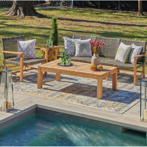Hampton Driftwood 户外柳条和实心柚木三件套沙发组 + 55 x 32 英寸咖啡桌
