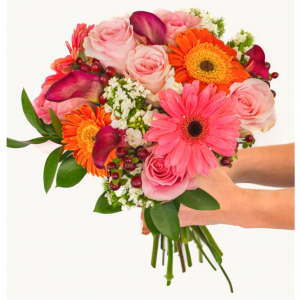 淡桃色和粉色非洲菊、浅粉色玫瑰、芬芳的桉树,紫色迷你马蹄莲花束