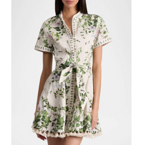 Alice + Olivia Lucy Ivy Romance Roll-Sleeve Mini Shirtdress