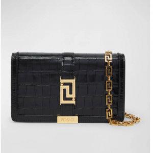 Versace Greca Goddess Croc-Embossed Wallet on Chain