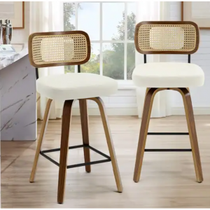 26英寸/29英寸旋转吧台凳/吧台凳,曲木腿 - 两件套 - 奶油白色藤条靠背 - 吧台高度