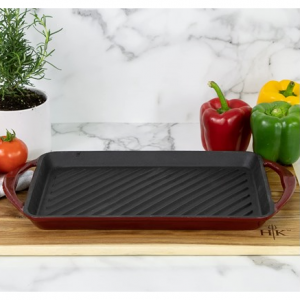 Gordon Ramsay | Hell's Kitchen Pre-seasoned 16" Cast Iron Enameled Rectangle Grill Pan with Handle