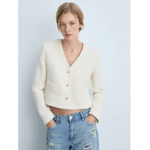 Mango V領粗花呢夾克