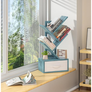 SHEEPAM Small Book Shelf with Drawer,4 Tier Black Tree Bookshelf,Blue Desktop Bookcase @ Amazon